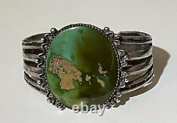 Wide 1930's Vintage Navajo Indian Silver Huge Green Turquoise Cuff Bracelet