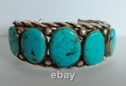 Wide Heavy Vintage Navajo Indian Pounded Twisted Wire Silver Turquoise Bracelet