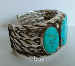 Wide Heavy Vintage Navajo Indian Pounded Twisted Wire Silver Turquoise Bracelet