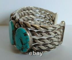 Wide Heavy Vintage Navajo Indian Pounded Twisted Wire Silver Turquoise Bracelet