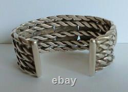 Wide Heavy Vintage Navajo Indian Pounded Twisted Wire Silver Turquoise Bracelet