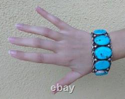 Wide Heavy Vintage Navajo Indian Pounded Twisted Wire Silver Turquoise Bracelet