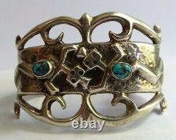 Wide Vintage American Indian Sandcast Silver Kachinas Turquoise Cuff Bracelet