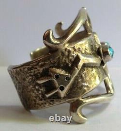 Wide Vintage American Indian Sandcast Silver Kachinas Turquoise Cuff Bracelet