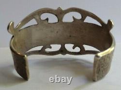 Wide Vintage American Indian Sandcast Silver Kachinas Turquoise Cuff Bracelet