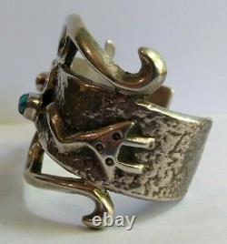 Wide Vintage American Indian Sandcast Silver Kachinas Turquoise Cuff Bracelet