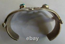 Wide Vintage American Indian Sandcast Silver Kachinas Turquoise Cuff Bracelet