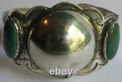 Wide Vintage Navajo Indian Sterling Dome Center Green Turquoise Cuff Bracelet