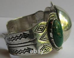 Wide Vintage Navajo Indian Sterling Dome Center Green Turquoise Cuff Bracelet