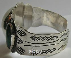 Wide Vintage Navajo Indian Sterling Dome Center Green Turquoise Cuff Bracelet