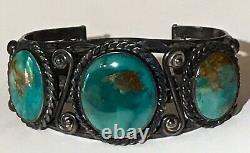 Wide Weighty Vintage Navajo Indian Silver Twisted Wire Turquoise Cuff Bracelet