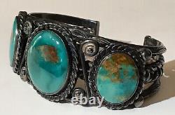Wide Weighty Vintage Navajo Indian Silver Twisted Wire Turquoise Cuff Bracelet