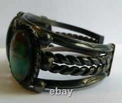 Wide Weighty Vintage Navajo Indian Silver Twisted Wire Turquoise Cuff Bracelet