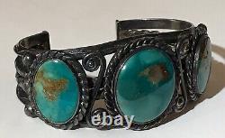 Wide Weighty Vintage Navajo Indian Silver Twisted Wire Turquoise Cuff Bracelet