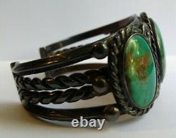 Wide Weighty Vintage Navajo Indian Silver Twisted Wire Turquoise Cuff Bracelet