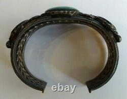 Wide Weighty Vintage Navajo Indian Silver Twisted Wire Turquoise Cuff Bracelet