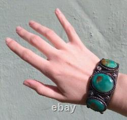 Wide Weighty Vintage Navajo Indian Silver Twisted Wire Turquoise Cuff Bracelet