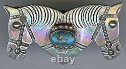 Wonderful Vintage Navajo Indian Double Horse Heads Turquoise Pin Brooch
