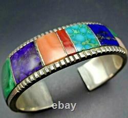 YELLOWHORSE Vintage NAVAJO Sterling Silver MULTI STONE Channel Inlay BRACELET