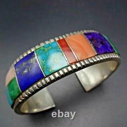 YELLOWHORSE Vintage NAVAJO Sterling Silver MULTI STONE Channel Inlay BRACELET