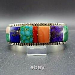 YELLOWHORSE Vintage NAVAJO Sterling Silver MULTI STONE Channel Inlay BRACELET