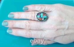 ZUNI Sterling Silver Signed M Inlayed Turquoise Size 7 Ring Native jewelry VTG