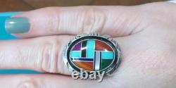 ZUNI Sterling Silver Signed M Inlayed Turquoise Size 7 Ring Native jewelry VTG