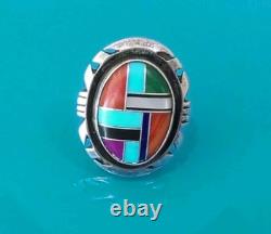 ZUNI Sterling Silver Signed M Inlayed Turquoise Size 7 Ring Native jewelry VTG