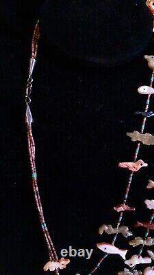Zuni 3 Strand Turquoise Coral Jet Fetish Necklace Vintage Native American 16
