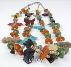 Zuni Fetish Native American Necklace Vintage Animal Carved Stone & Turquoise 24