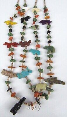 Zuni Fetish Native American Necklace Vintage Animal Carved Stone & Turquoise 24