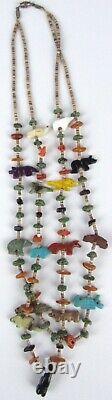 Zuni Fetish Native American Necklace Vintage Animal Carved Stone & Turquoise 24