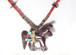 Zuni Pipestone Horse Fetish 30 Necklace Turquoise Coral Vintage Native American