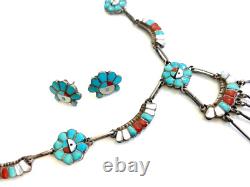 Zuni Turquoise Multi Stone Sterling Silver Sunface Necklace Earrings Set Vintage