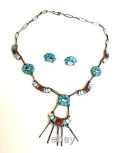 Zuni Turquoise Multi Stone Sterling Silver Sunface Necklace Earrings Set Vintage