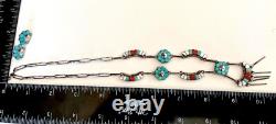 Zuni Turquoise Multi Stone Sterling Silver Sunface Necklace Earrings Set Vintage