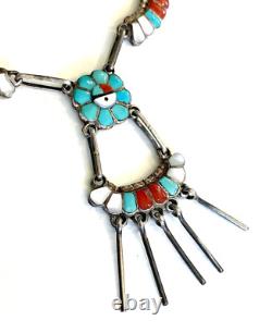 Zuni Turquoise Multi Stone Sterling Silver Sunface Necklace Earrings Set Vintage