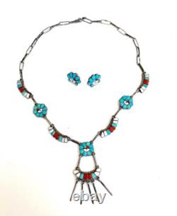Zuni Turquoise Multi Stone Sterling Silver Sunface Necklace Earrings Set Vintage