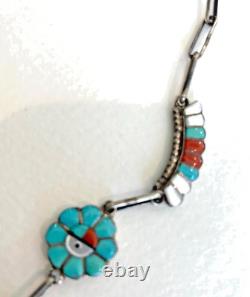Zuni Turquoise Multi Stone Sterling Silver Sunface Necklace Earrings Set Vintage