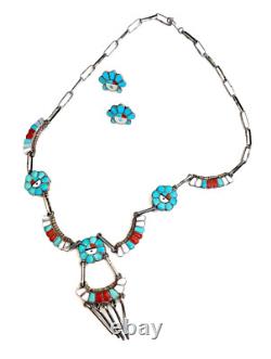 Zuni Turquoise Multi Stone Sterling Silver Sunface Necklace Earrings Set Vintage