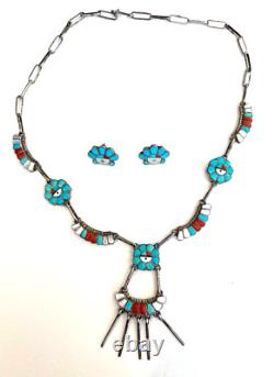 Zuni Turquoise Multi Stone Sterling Silver Sunface Necklace Earrings Set Vintage