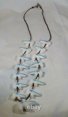 Zuni Vintage Carved White Stone With Inlaid Turquoise Bears Necklace