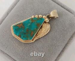 Zuni Vtg royston Turquoise Native American 14K Gold Signed Pendant charm leaf