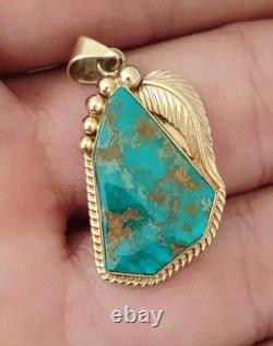 Zuni Vtg royston Turquoise Native American 14K Gold Signed Pendant charm leaf
