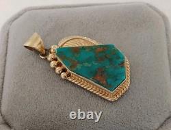Zuni Vtg royston Turquoise Native American 14K Gold Signed Pendant charm leaf