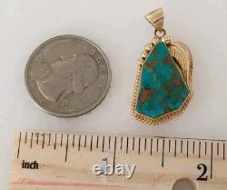 Zuni Vtg royston Turquoise Native American 14K Gold Signed Pendant charm leaf